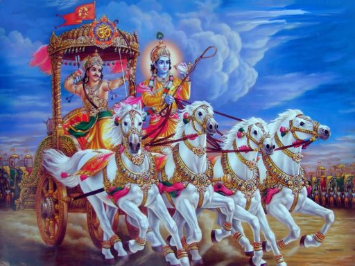 Lord Krishna and Arjuna on a chariot in Mahabharatha