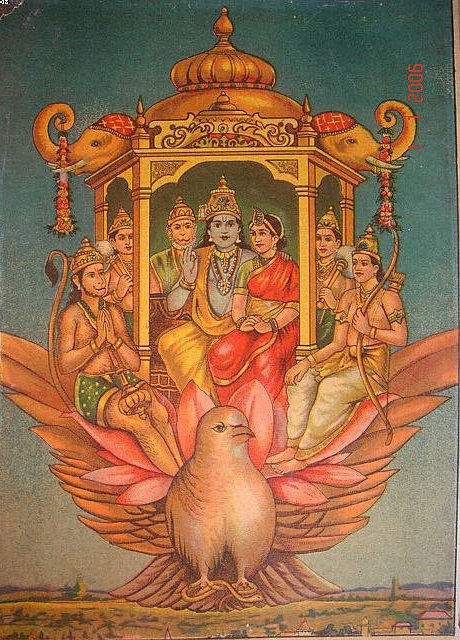 Rama, Sita, Lakshmana and other flying back to Ayodhya in the Pushpak Viman