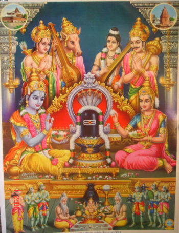 Rama, Sita and companios worshipping Rameshwara Lingam