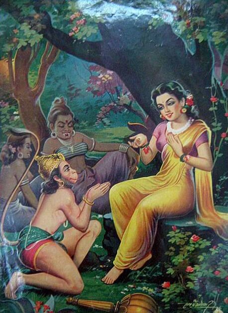 Hanuman finds Sita in the Ashoka Vana, protected by Trijata