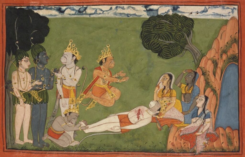 Tara beside her husband Vali with Shree Rama, Lakshmana and Hanuman