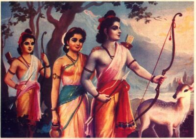 Rama, Sita and Lakshmana in the forest practising social distancing