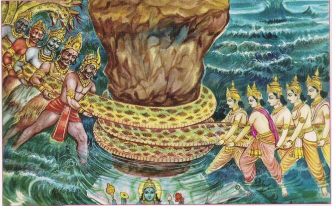 Churning of the milky ocean by demons and Gods