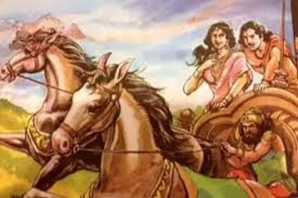 Arjuna and Subhadra in a horse-drawn chariot towards Dwaraka