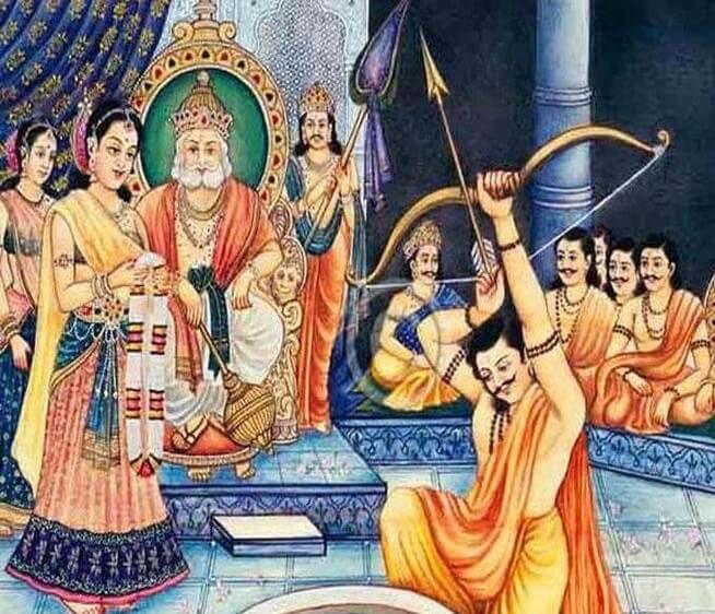 Swayamvar of Draupadi; Arjuna aiming the arrow at the hung fish over an oil vessel