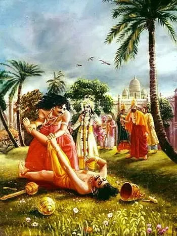 Bhima splitting Jarasandha into two and thus killing him