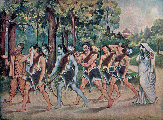 The Pandavas and Draupadi going to the forest in exile after losing the game of dice