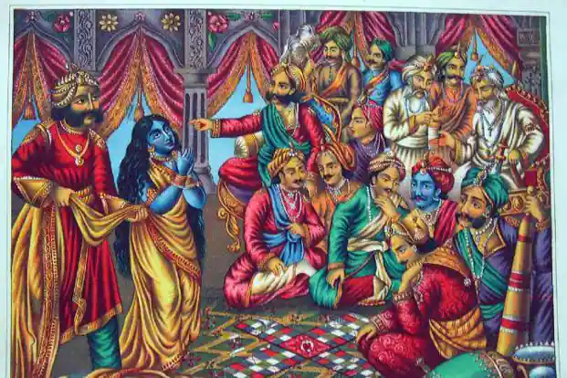Dyuta or the game of dice being played between Pandavas and Kauravas in the new Sabha hall