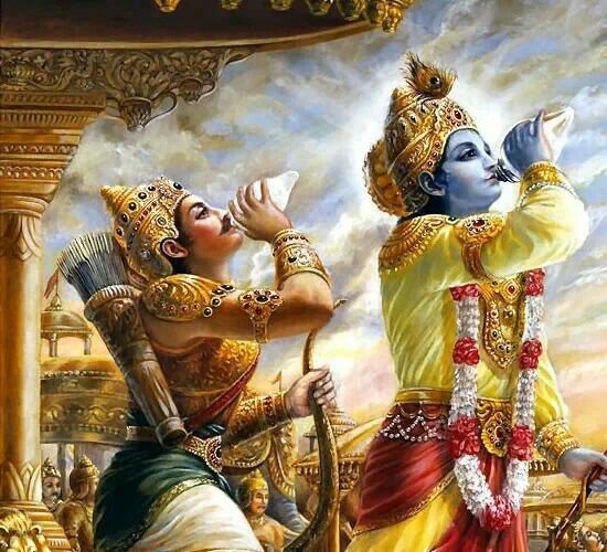 Arjuna blowing his conch Devadatta during the Mahabharata war
