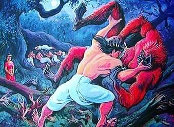 Bhima and demon Jatasura wrestling