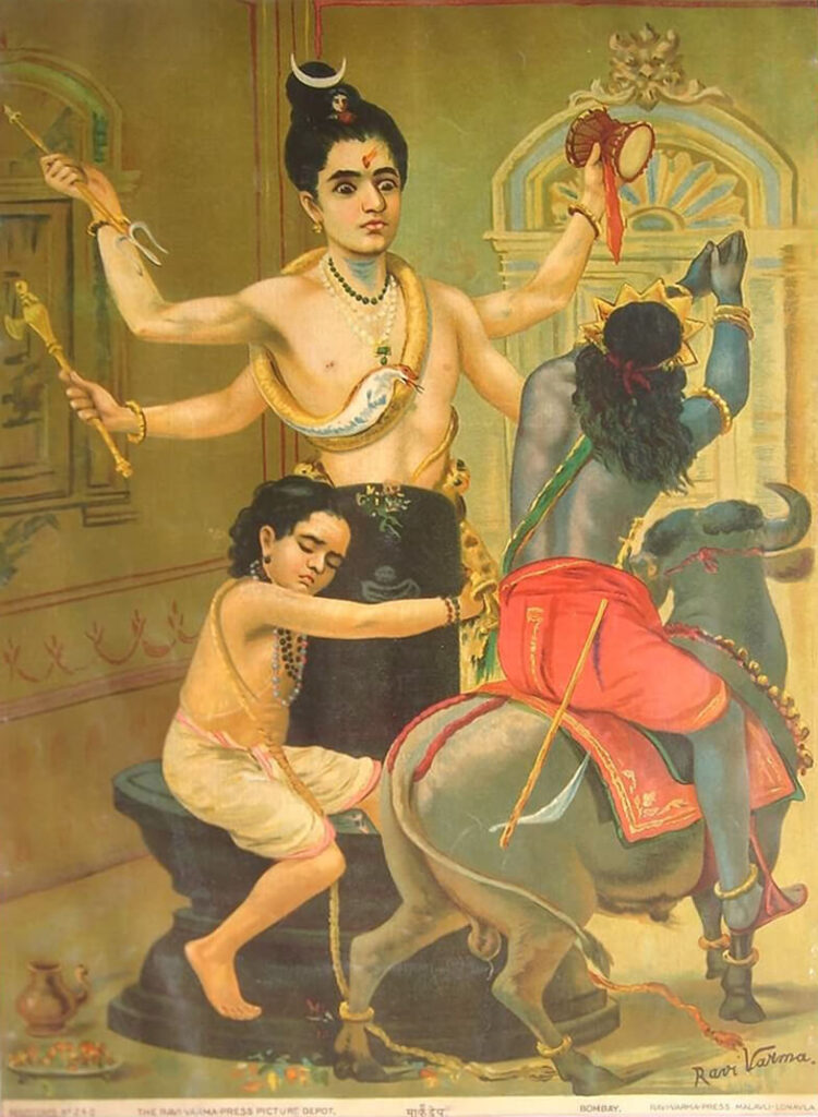 A painting by Raja Ravi Varma depicting Markandeya hugging the Shivalinga in devotion when Yama approaches Markandeya 