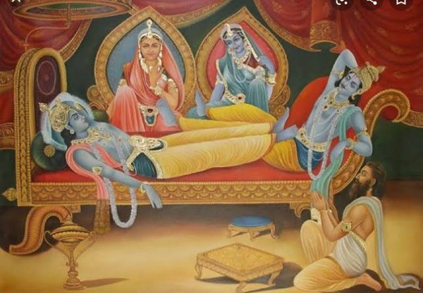 Satyabhama and Draupadi with Lord Krishna and Arjuna