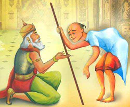 King Janaka net down on his knee bowing to Ashtavakra with respect 