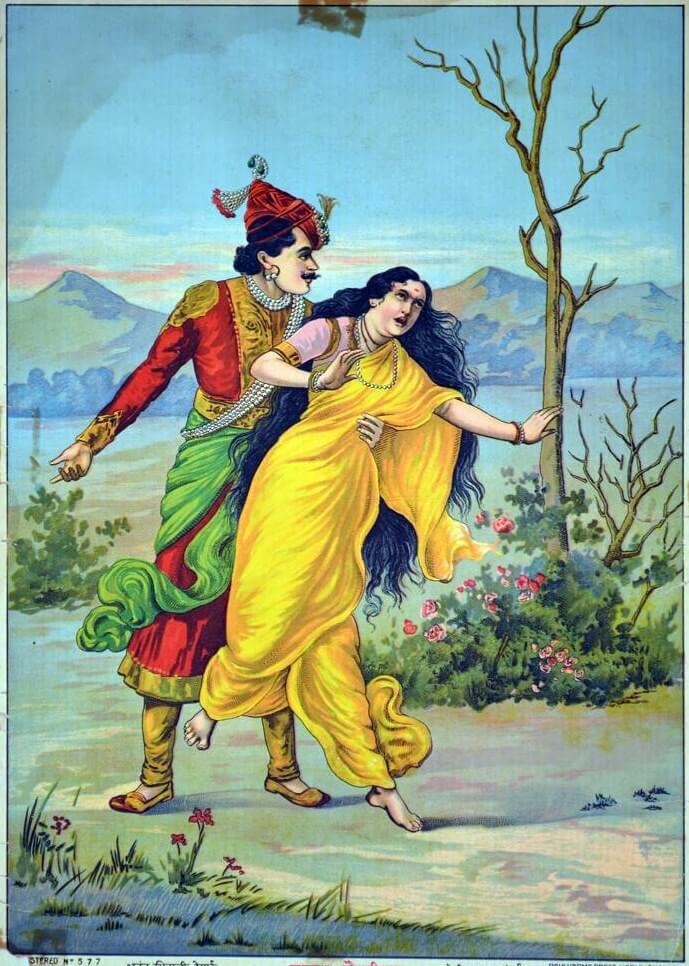 A painting by Raja Ravi Verma which depicts king Jayadrata trying to abduct Draupadi, the wife of Pandavas
