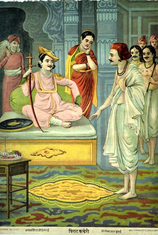 A lithograph of Pandavas in the Virata king's court, by Raja Ravi Varma