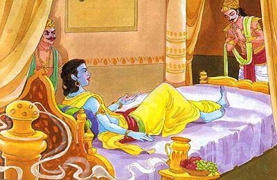 Arjuna and Duryodhana seeking Krishna's help