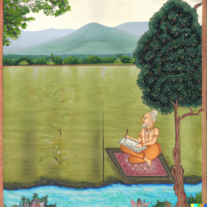 Represntative image of jaimini Maharshi writing scriptures while sitting under a tree