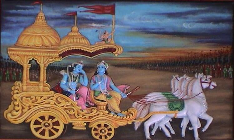 Conversation between Arjuna and Krishna in the middle of the Kurukshetra