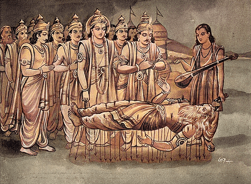 Krishna and Pandavas along with Narada converse with Bhishma who is lying on a bed of arrows