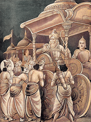 Pandavas accompanied by Krishna ask Bhishma permission to start the war