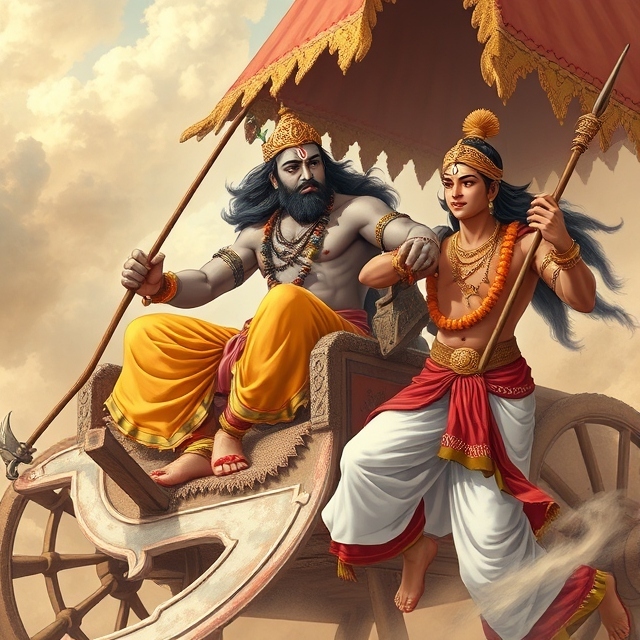 Lord Krishna drags Bhima from his chariot to save him from the weapon Narayanastra