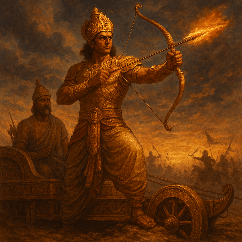 AI-generated image of Karna aiming a flaming arrow from his chariot, with Shalya behind him, set against a dusky battlefield.