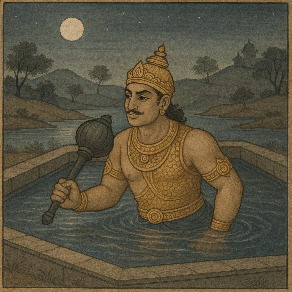 Duryodhana, in golden armor and crown, stands in a water tank at night holding a mace, preparing to hide.