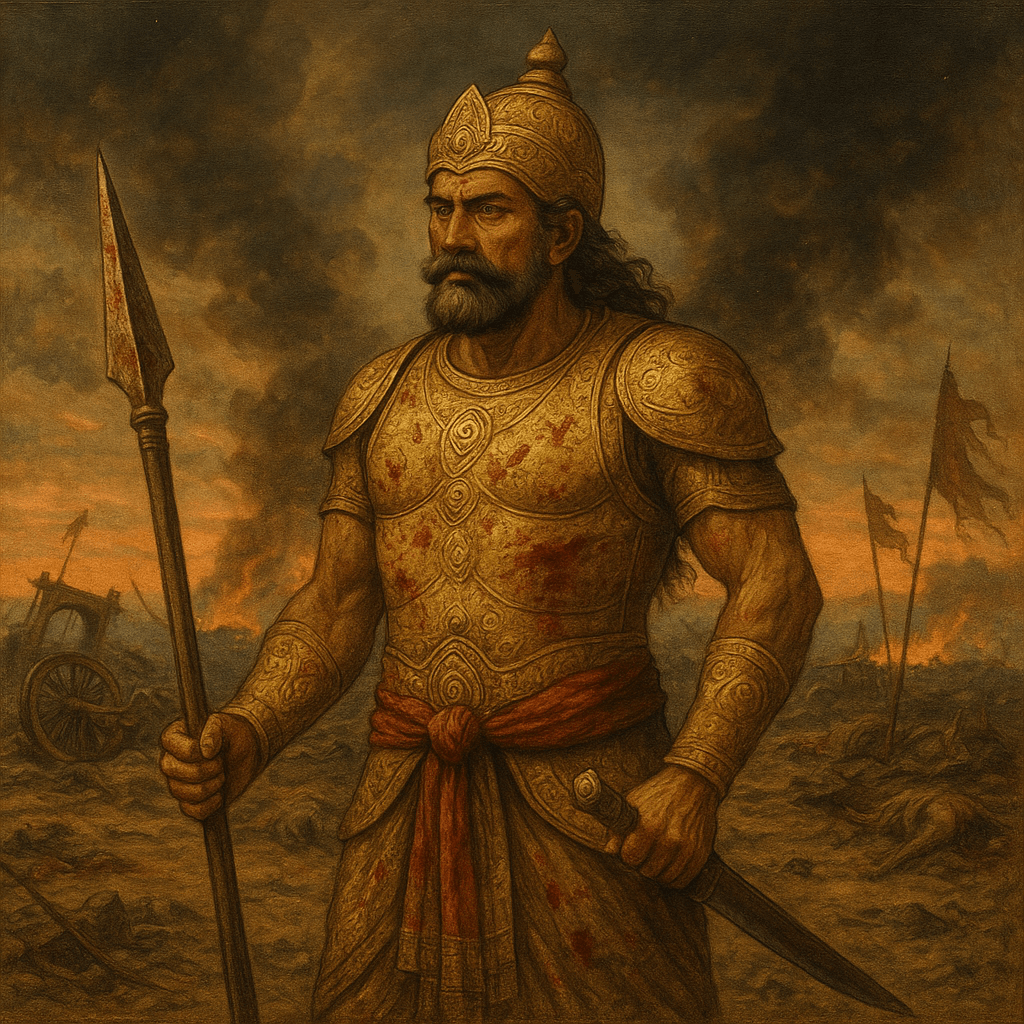 AI-generated image of Shalya from the Mahabharata, in golden, bloodstained armor on a smoky battlefield.