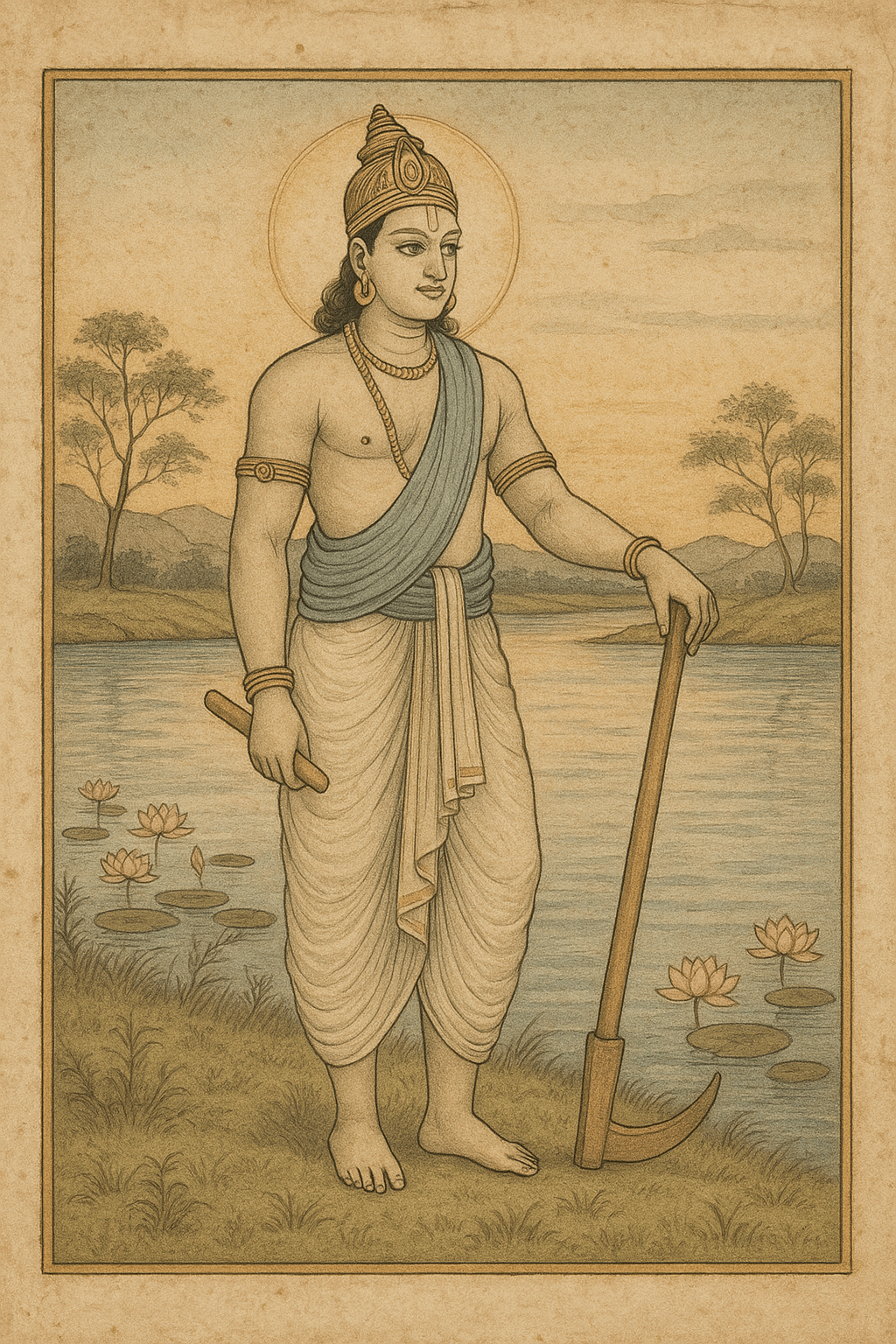 Illustration of Balarama from the Mahabharata standing beside the Saraswathi River at dawn, holding a plough and dressed in traditional attire, in vintage Indian miniature painting style.