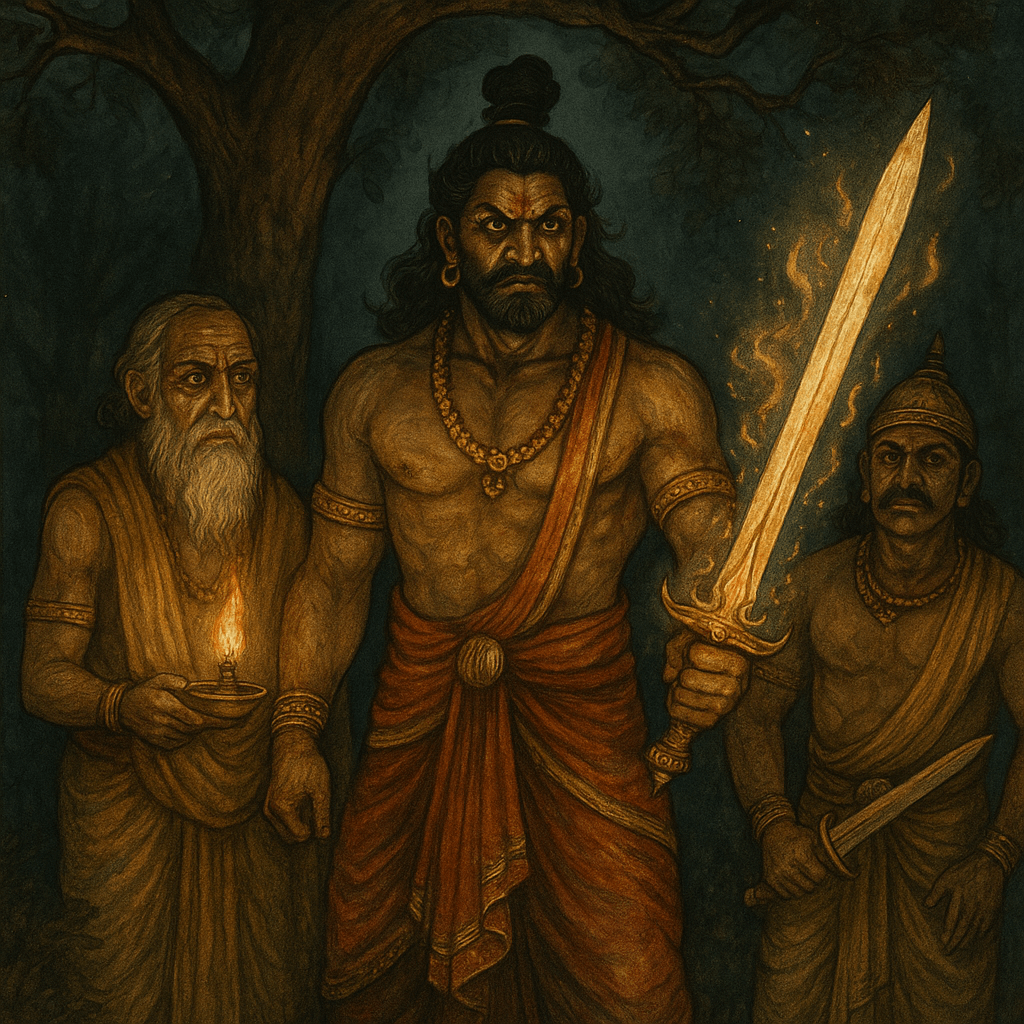 An AI-generated image in the style of a mythological painting depicting Ashvathama from the Mahabharata holding a glowing divine sword under a tree at night. An owl sits above him on a branch, symbolising his violent inspiration. Beside him stand Kripa, holding a small oil lamp, and Kritavarma, armed with a sword. The scene reflects the moment before Ashvathama’s night attack on the sleeping Pandava army.