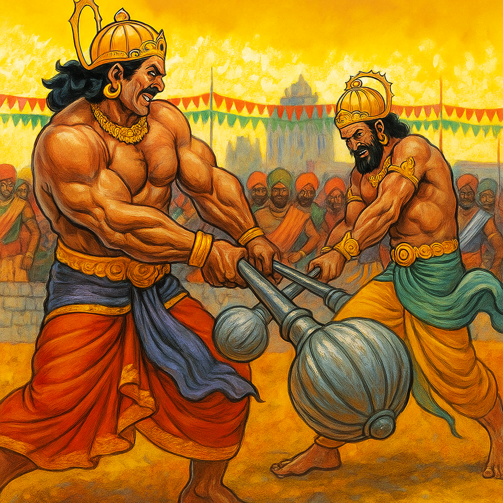 An epic mace duel between Bhima and Duryodhana (AI generated image)