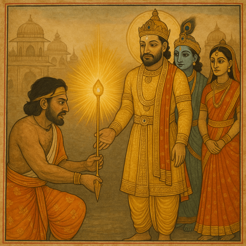 An AI-generated Indian miniature-style painting of Ashvathama handing over the glowing Aishika Astra with the Brahma Shira Mani jewel to Yudhishthira, as Krishna and Draupadi witness the solemn moment, with Hastinavati palace faintly in the background.