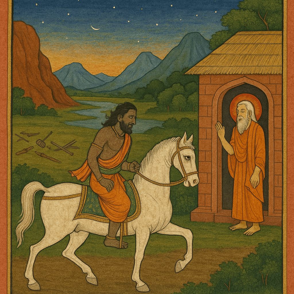 An AI-generated Indian miniature-style painting of Ashwathama riding a white horse toward the hermitage of sage Vyasa at Badarikashrama, with the ruins of Kurukshetra battlefield fading in the background, symbolizing his departure from war to spiritual guidance.