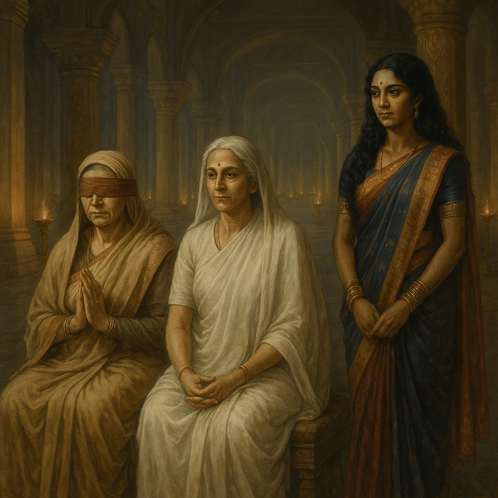 Elderly Gandhari with a blindfold, dignified Kunti in white widow’s attire, and youthful Draupadi with dark complexion and expressive eyes, depicted in a grand palace hall softly lit by lamps, each embodying resilience and emotional depth in post-war reverence (AI-generated image).