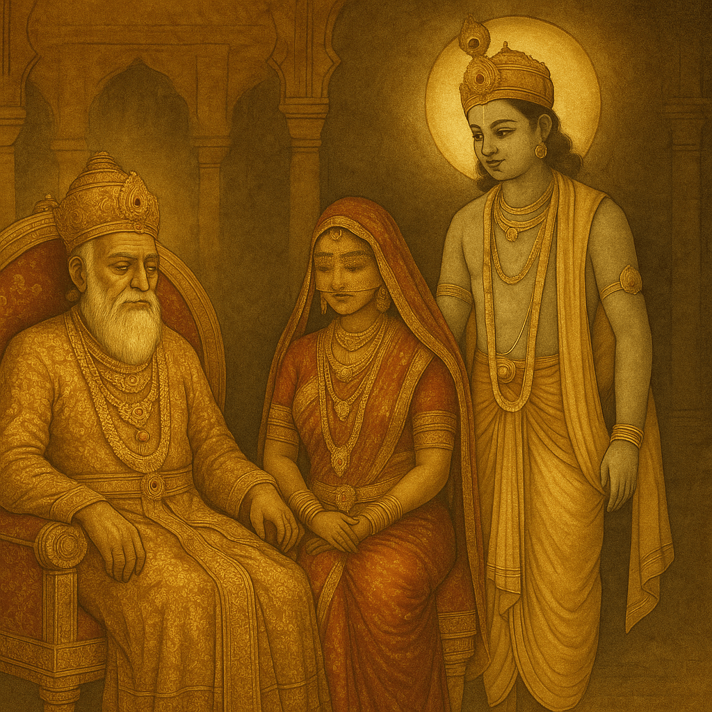 AI-generated illustration in traditional Indian miniature art style showing Lord Krishna gently consoling King Dritarashtra and Queen Gandhari in the royal palace after Duryodhana’s fall, rendered in warm sepia tones with rich royal attire and soft lamplight ambiance.