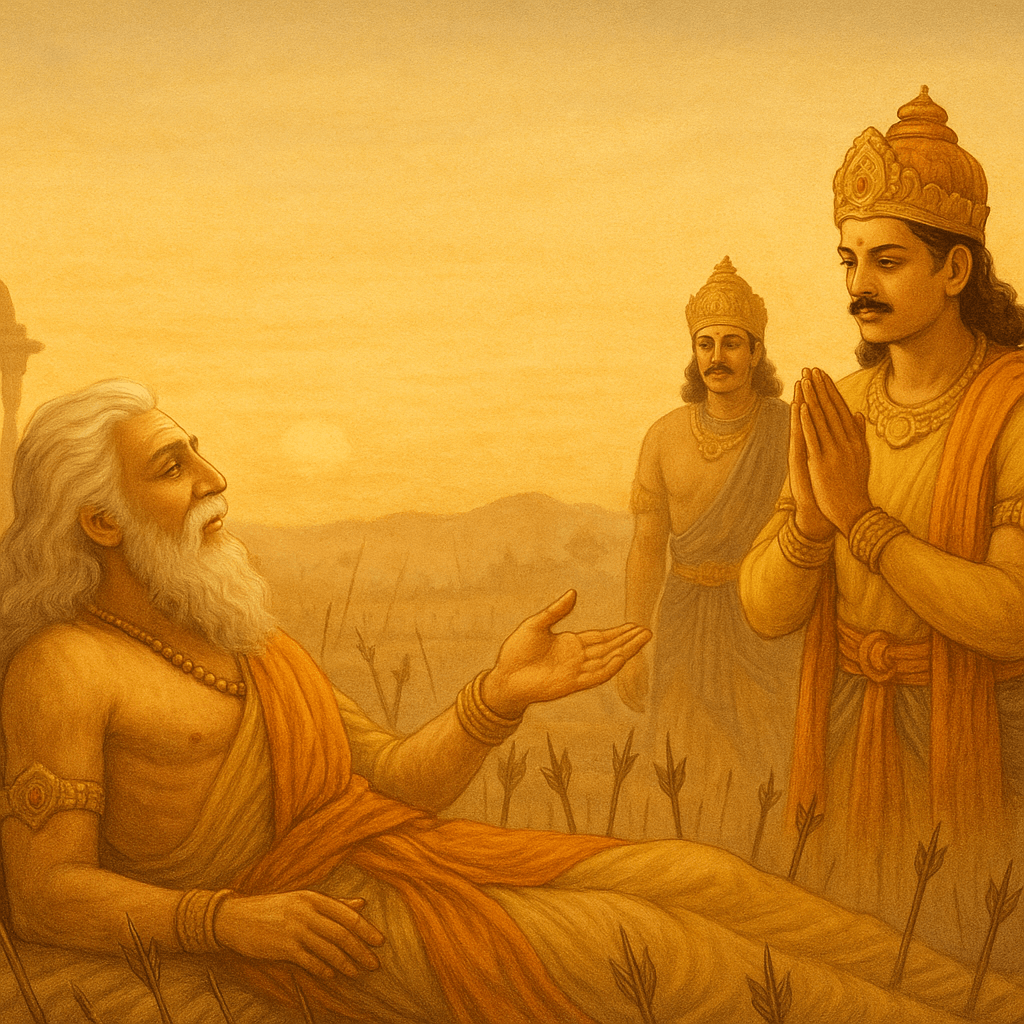 Bheeshma lies on a bed of arrows at sunrise on the Kurukshetra battlefield, raising his hand in instruction as Yudhishtira stands before him with folded hands and another warrior looks on in the background.