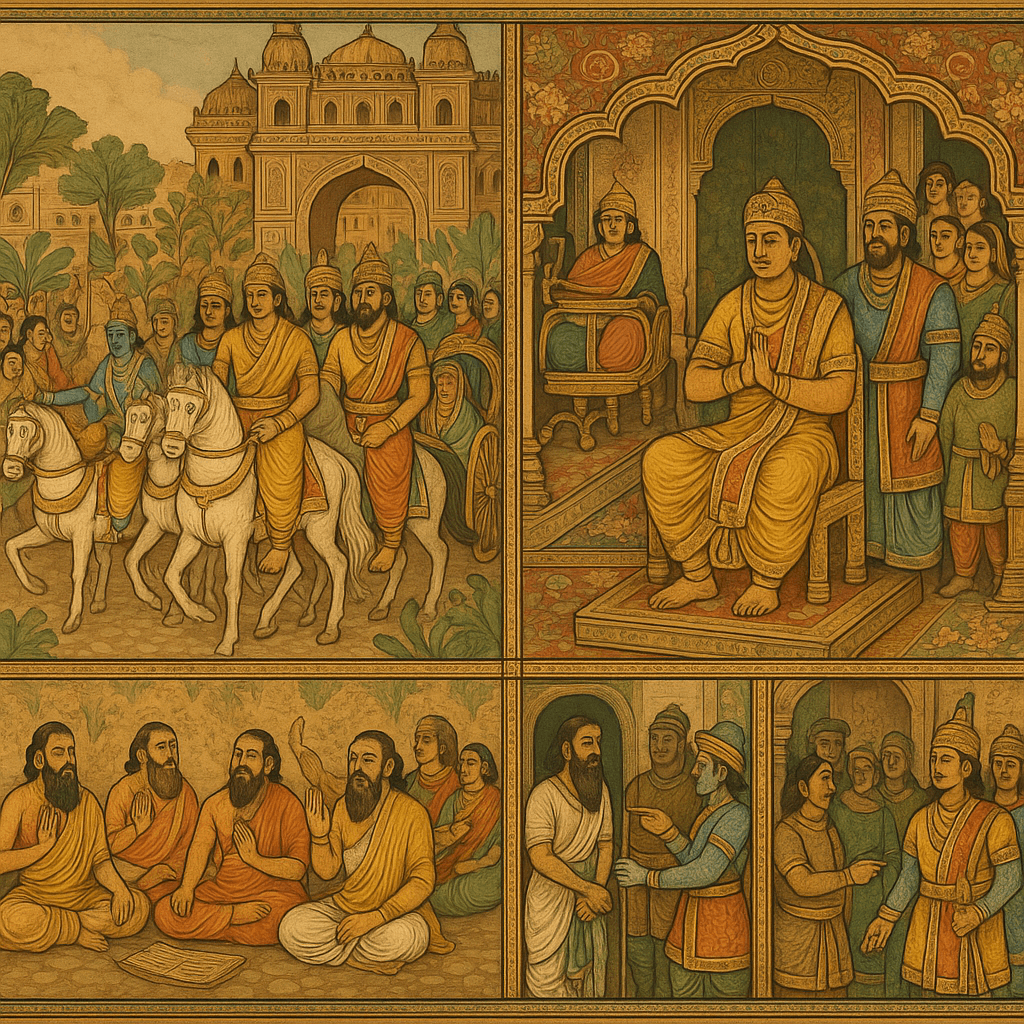 An Indian mythological-style AI-generated image composed of several panels: a grand royal procession led by Yudhishtira and his brothers enters the gates of Hastinavati Palace, with Krishna and Satyaki in a chariot and citizens joyfully welcoming. Inside the palace, Yudhishtira is shown being crowned on an ornate throne by Dhaumya and Kripa, surrounded by members of the royal family, Vedic scholars reciting mantras, and key figures receiving duties. The image features expressive faces, rich textiles, and decorative architecture, symbolizing the restoration of order and unity after the war.