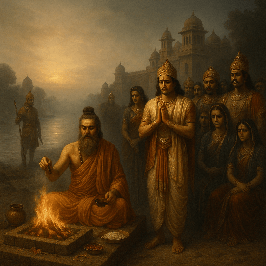 An AI-generated image depicting a scene from the Mahabharata. Dhaumya Rishi sits before a sacred fire on a riverbank, performing a ritual. The kingly figure of Yudhishtira in white and gold stands with his hands in a prayer position, surrounded by a group of grieving men and women. In the background, a grand palace is visible through the mist at sunrise or sunset, creating a somber and epic atmosphere.