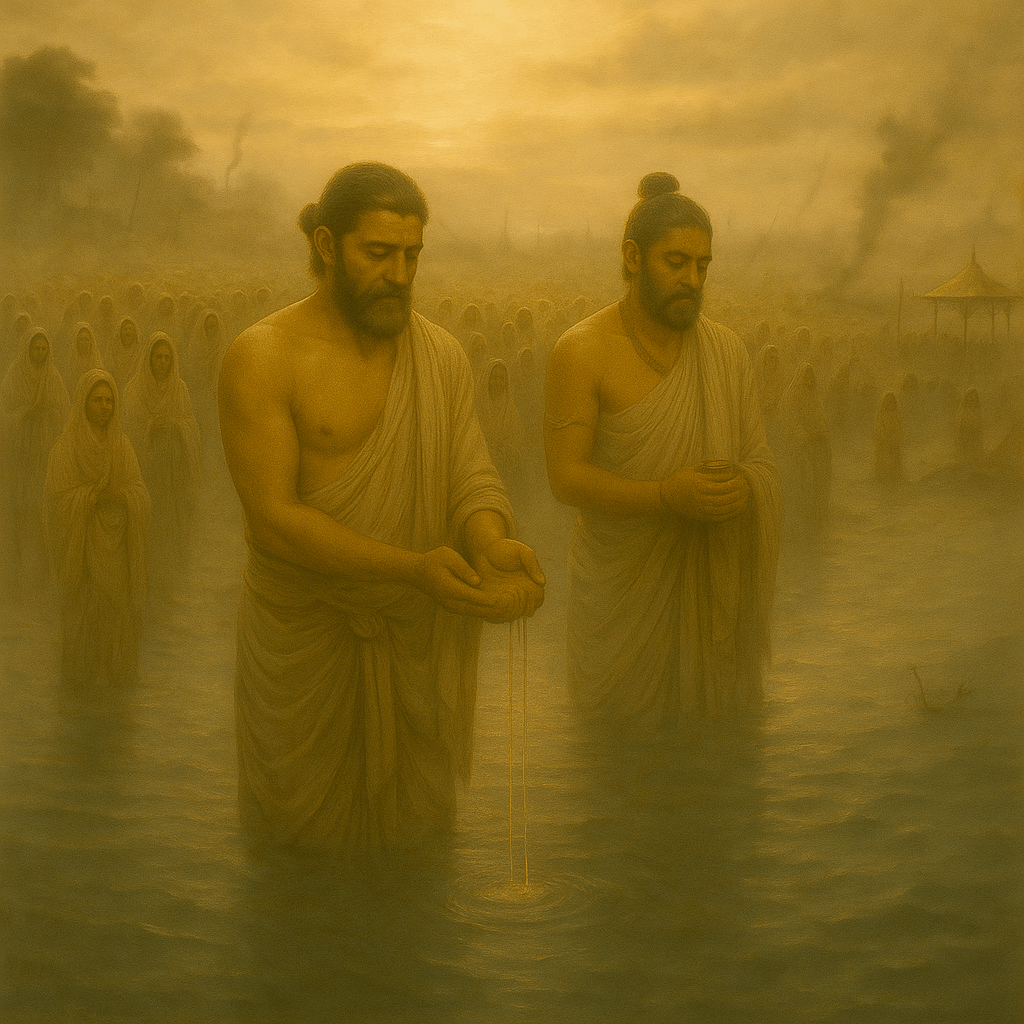 An AI-generated of an ancient Mahabharata‑era river scene, showing Yudhishtira and Yuyutsu standing waist‑deep in the Ganga at dawn, performing water oblation rituals while long rows of mourners and widows fill the misty background along the riverbank.