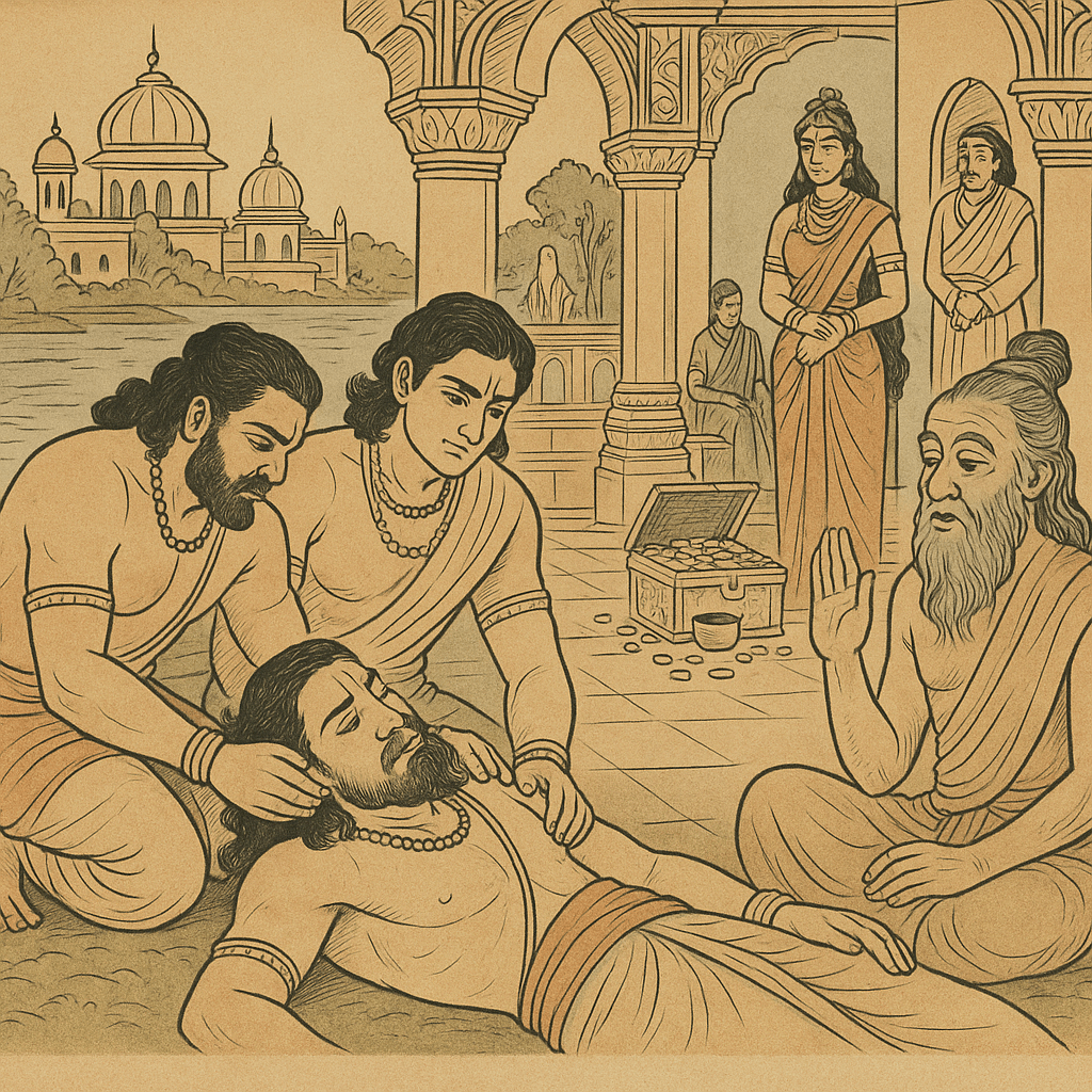 An Indian mythological-style AI-generated image showing Yudhishtira lying in emotional exhaustion by the banks of the River Bhagirathi, supported by Bhima and Arjuna. Devasthana Muni sits nearby, raising his hand in a gesture of wisdom and comfort. In the background, palace architecture and royal figures such as Draupadi are visible near an open treasury chest, symbolizing hope and renewal after war.