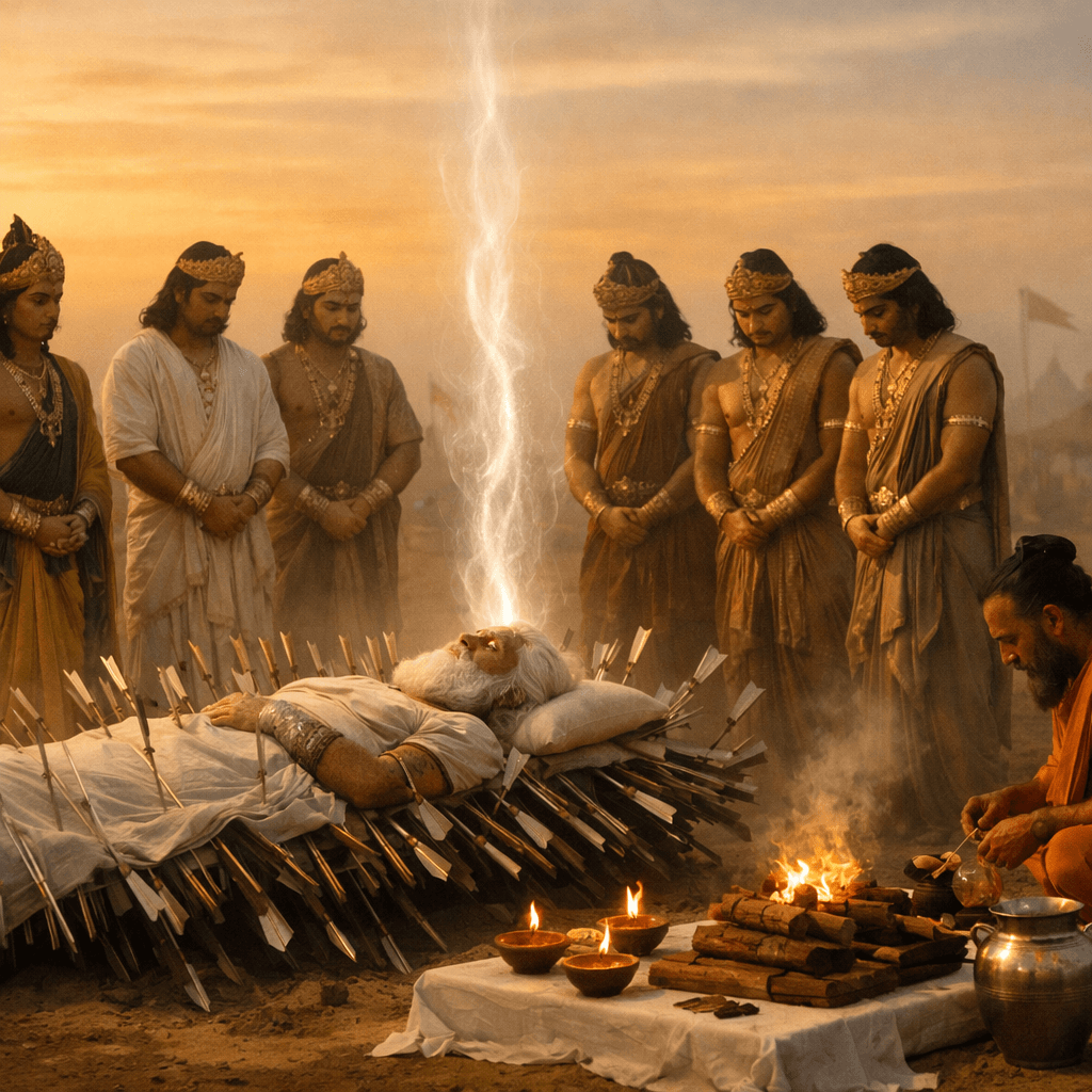 An AI-generated image where Bhishma lies on a bed of arrows at Kurukshetra as Krishna and the Pandavas stand in silence, while a priest tends a small sacred fire and a glowing stream rises from Bhishma toward the dawn sky.