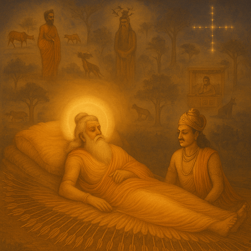 AI-generated image of Bhishma lying peacefully on a glowing bed of arrows, halo around his head, teaching the seated Yudhishthira. In the soft, sepia-toned background appear faint scenes of Manki Muni with calves and a camel, Jajali standing in meditation with birds nesting on his head, the merchant Tuladara in his shop, Kashyapa Rishi with a fox, and a cross-shaped group of stars symbolizing Disha Swasthika.