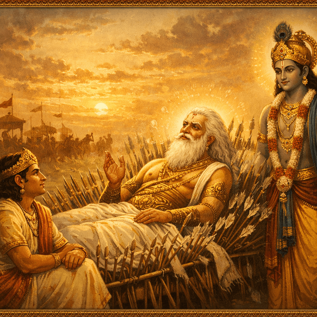 AI-generated image of a Mahabharata scene at Kurukshetra, showing the aged warrior Bhishma reclining on a bed of arrows, blessing and instructing Yudhishtira seated at his feet, while Krishna stands beside them adorned with garlands and ornaments, with a glowing sunset and silhouettes of chariots and warriors in the background.