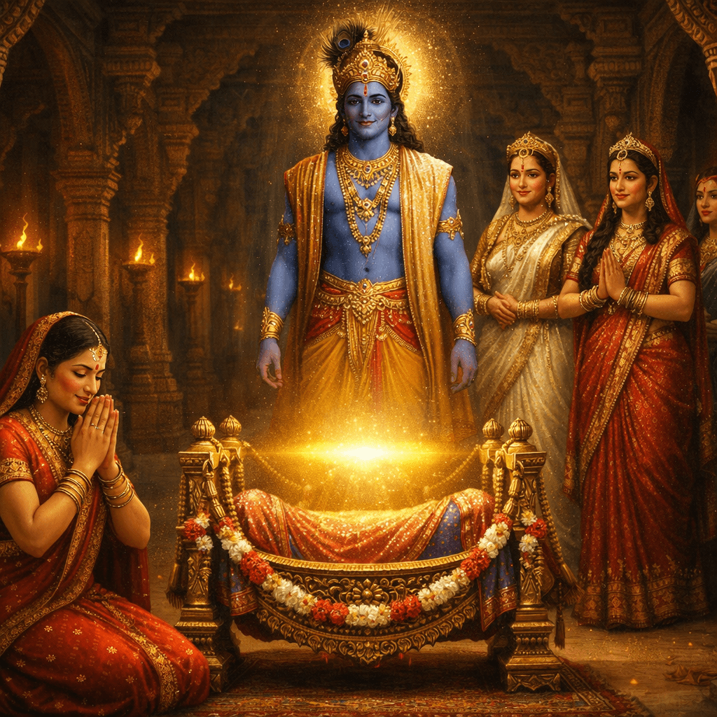 An AI-generated image of a lamp-lit palace hall, where Lord Krishna stands with a golden aura beside a flower-decorated royal jhula, while Uttarakumari prays and other queens watch reverently.