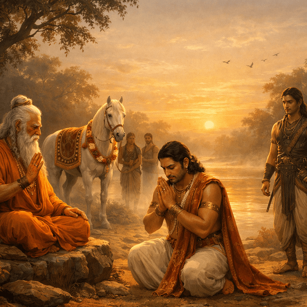 An AI-generated image that depicts Sage Vyasa blessing a kneeling Yudhishtira while Arjuna stands nearby at sunrise on the banks of the River Ganga; a calm, garlanded white horse symbolises the Ashvamedha.