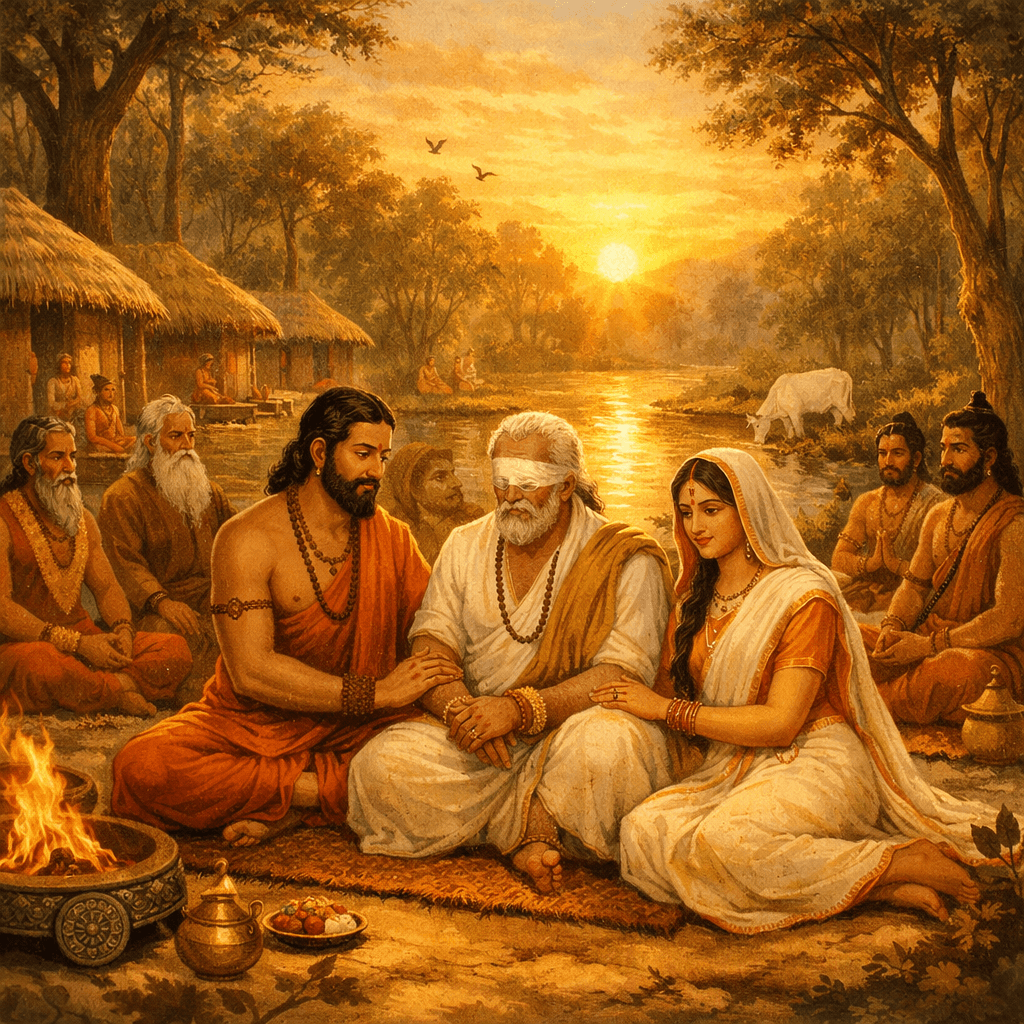 AI generated image of Dritarashtra, Kunti, and Yudhishthira seated together in a serene forest hermitage at sunset, surrounded by sages, huts, and a riverside, symbolizing spiritual retreat and reflection in the Mahabharata