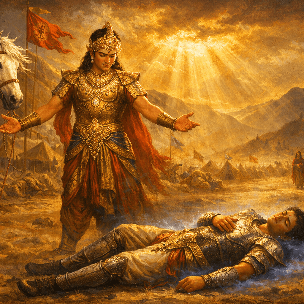 An AI-generated image that depicts victorious young prince Babruvahana in golden Manipuri armor gazes at fallen Arjuna (unconscious from ethereal blue Ganga curse glow, no wounds), sacred white Ashvamedha horse nearby, dramatic golden sunset over misty battlefield with mountains, banners, and distant Queen Chitrangada approaching.