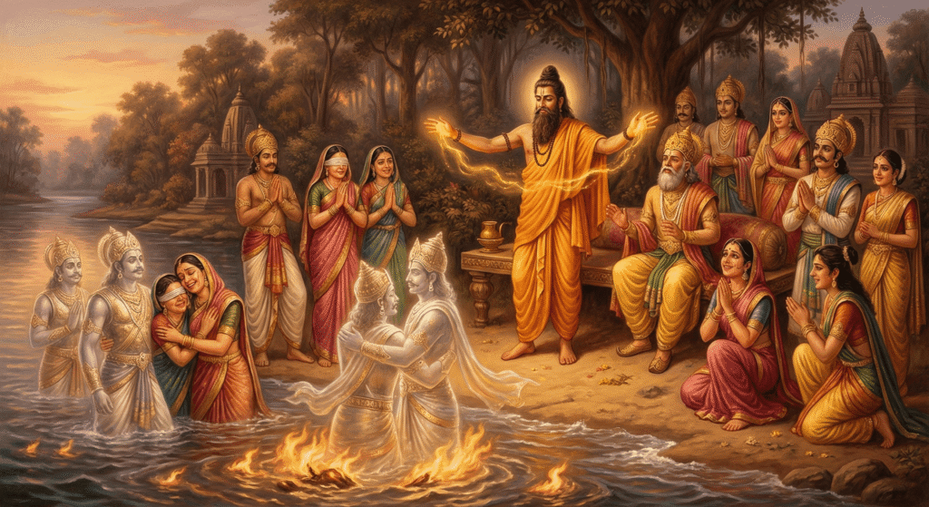 An AI-generated image showing sage Vyasa standing on the forest riverbank performing a divine rite. King Dritarashtra and others are in prayer while ethereal figures of fallen warriors appear from the water to embrace their families. Women in traditional sarees weep with joy, and the golden-hued riverside landscape with ancient temple structures forms the background.