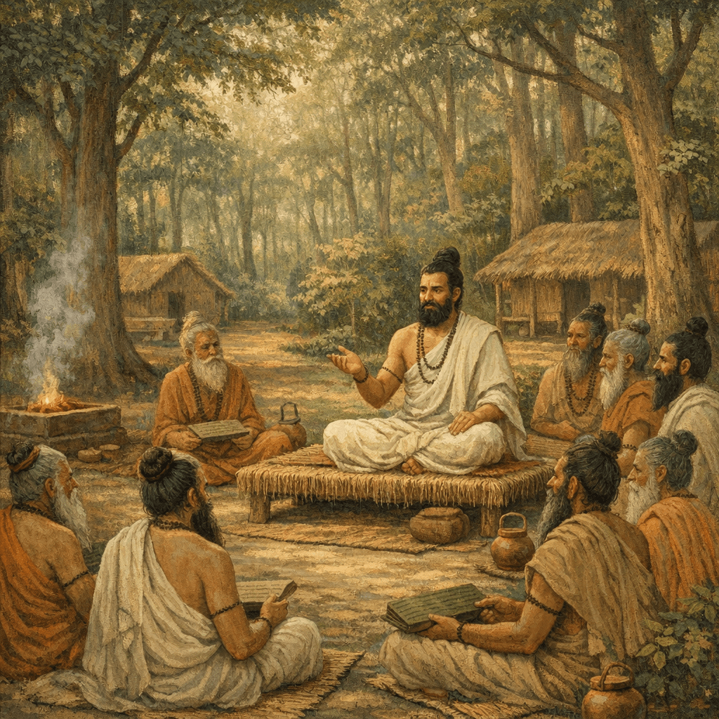 An AI-generated image showing Ugrashrava Suta narrating to Rishis seated in a forest hermitage at Naimisharanya, with sages holding palm leaf manuscripts and listening attentively.