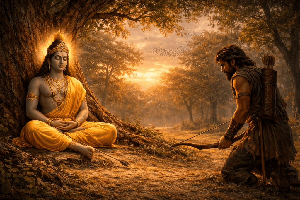 An AI-generated image of Lord Krishna sitting in meditation under a tree with an arrow in his foot, while hunter Jara kneels in remorse in a peaceful forest during sunset.
